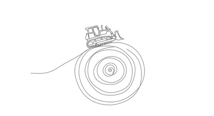 Bulldozer creating a spiral pattern, illustration, construction, heavy machinery, single line art © Dodo