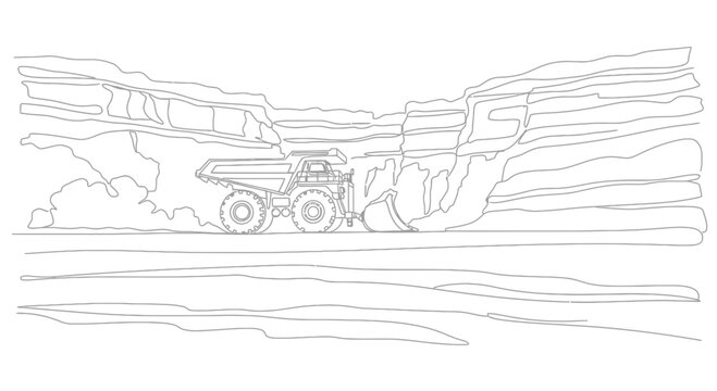 Heavy Mining Truck in Open Pit Quarry, Industrial Excavation Line Art