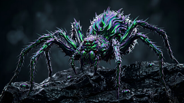 Metallic iridescent purple and green spiked spider sitting on dark wet rock background