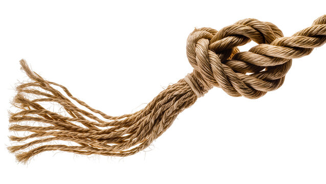 Thick natural fiber rope tied in a knot with frayed ends