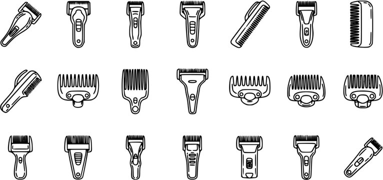 Black and White Line Art Icons of Hair Clippers and Comb, Barbershop Tools