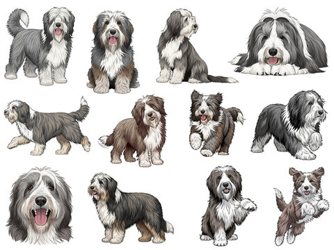 Bearded Collie dog 12 profile poses collection vector illustration