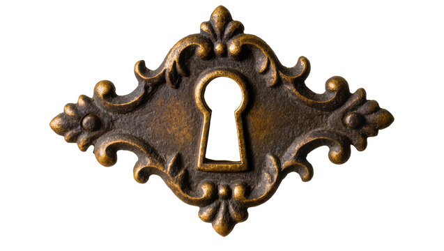 Antique ornate brass keyhole escutcheon plate with decorative scrollwork
