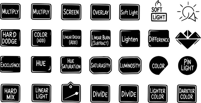 Digital Graphic Design Software Blend Modes Icon Set. Image Editing Layer Modes Glyphs. Black and White Line Art Doodle Icons.