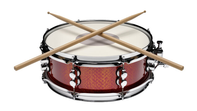 Red snare drum with crossed wooden drumsticks