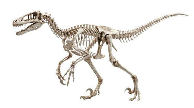 Detailed view of a complete prehistoric dinosaur skeleton, showcasing its bipedal structure and sharp claws on a white background.