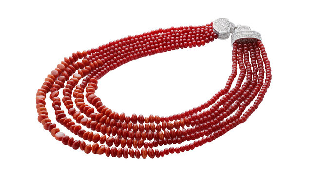 Multi-strand red coral beaded necklace with diamond clasp