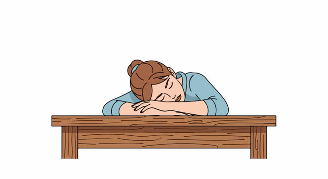 Cartoon of a person asleep with head resting on arms on a wooden table