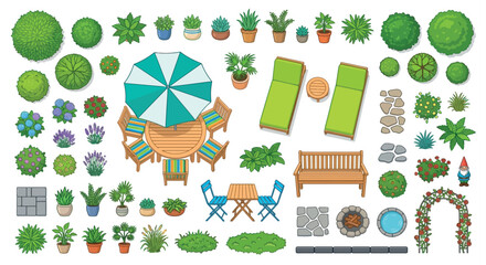 Fototapeta premium Garden Elements Vector Illustration With Plants Furniture And Decorative Objects