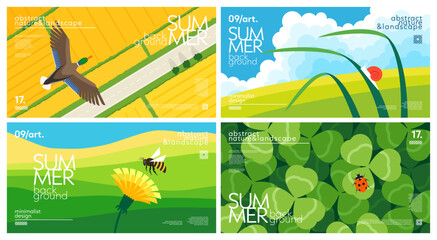 Set of landscape summer horizontal backgrounds with fields and flying mallard, grass and snail, dandelion and bee, clover and ladybug. Simple nature geometric design for cover, banner, wallpaper © Anastasiya Stoma