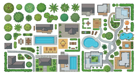 Architectural Plans And Garden Elements Top Down Vector Illustration © PROMA
