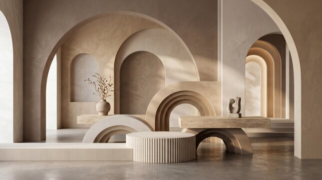 Abstract architectural space with multiple arches, curves, and platforms in a serene, minimalist design with neutral tones and soft lighting.