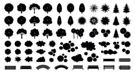 Tree crown Silhouettes And Park bench Vector Illustration Set © PROMA