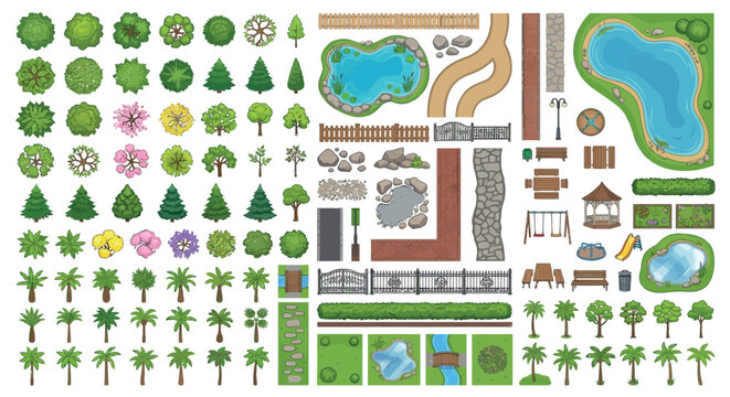 Landscape Elements Vector Illustration With Trees Water And Garden Objects