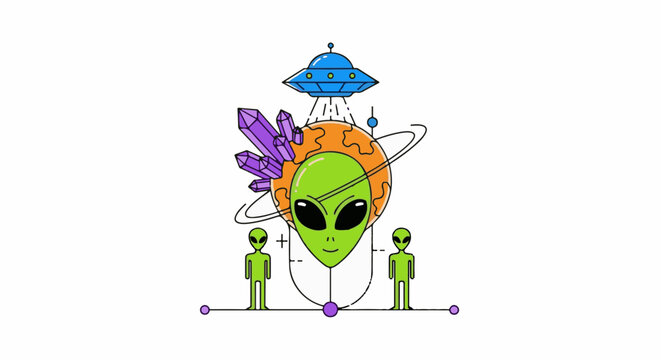 Stylized green alien face with crystals, UFO, and orbiting planets