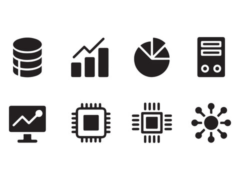 Black and white icons of computer and business data analysis  database server computer screen microchip and graph charts for technology and finance concepts  isolated on white background