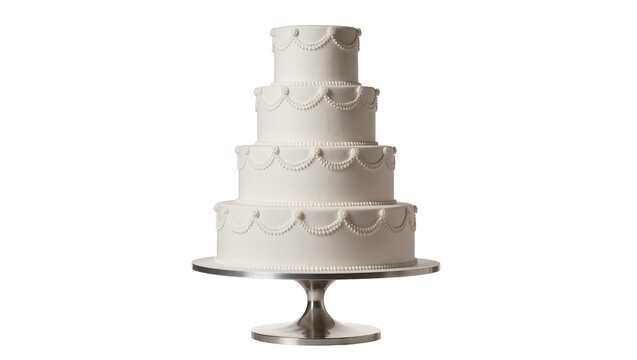 Four tier white wedding cake with decorative piping