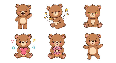 Obraz premium Set of cute cartoon brown bears with various expressions and props