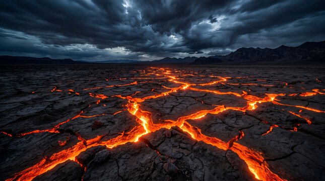 Glowing lava flowing through cracks in dry desert ground under dark stormy clouds