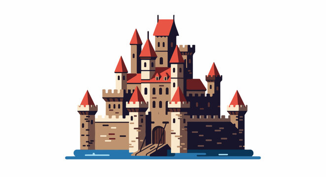 A fantasy castle with multiple towers and red roofs sits on blue water