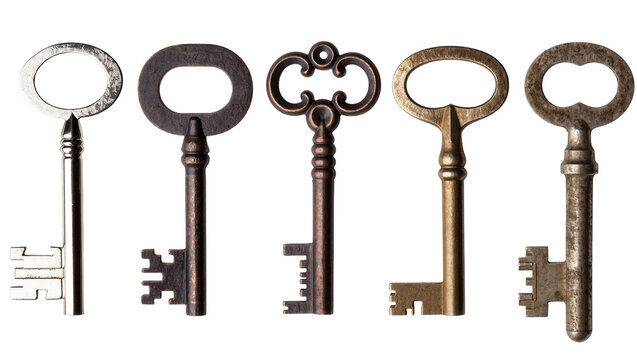 Five antique skeleton keys with ornate bow and metal bits