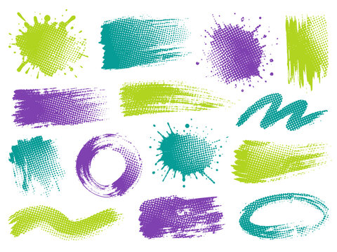 Collection of vibrant paint splatters and brush strokes with halftone effect