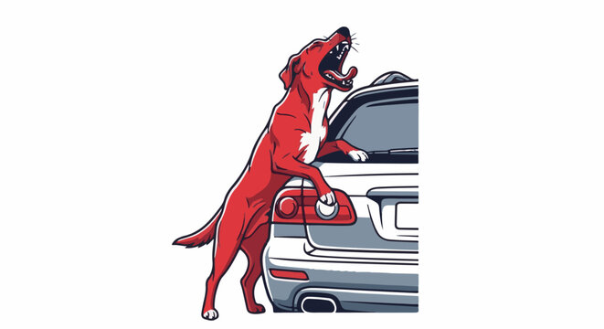 A stylized red dog with its front paws on a car, barking