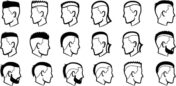 Black and White Line Art of Diverse Male Hairstyles, Barber Shop Collection