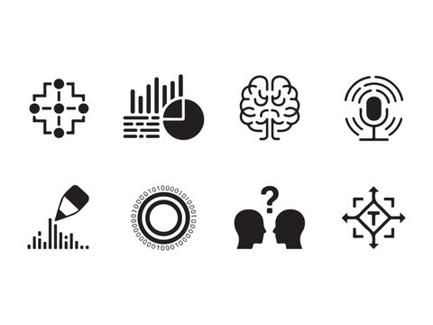 Black and white line icons for business and technology concepts  data analysis and communication symbols