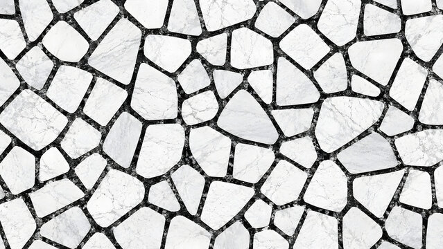 White marble mosaic stone wall texture background. Abstract geometric pavement pattern of irregular flagstone tiles for interior design, outdoor architecture, floor backdrop, tiling, masonry.