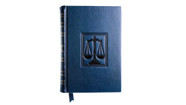 Blue leather bound book with scales of justice emblem
