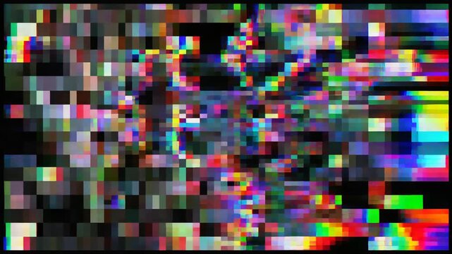 Glitch art pattern with flickering digital pixels moving in a colorful abstract video motion effect background