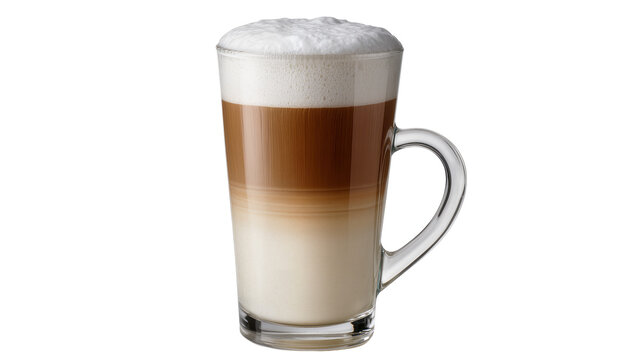 Layered coffee drink with foam in a clear glass mug