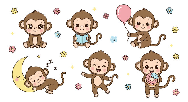 Cute Cartoon Monkey Set with Various Poses and Activities