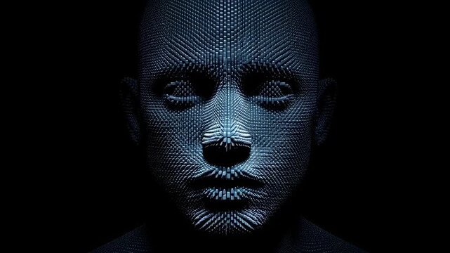 Digital transformation sequence: futuristic pixelated face evolution in motion