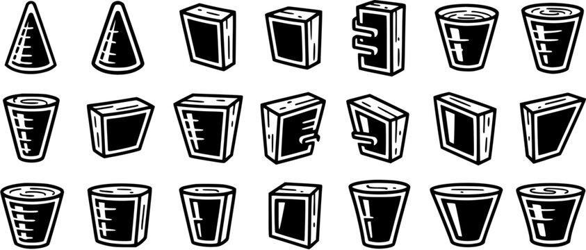 Black and White Line Art Icons of Various Measuring Cups and Containers