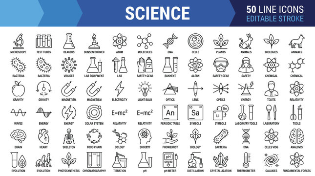 Science line icons set, 50 laboratory and chemistry vector symbols, editable stroke research and education outline icons for web design