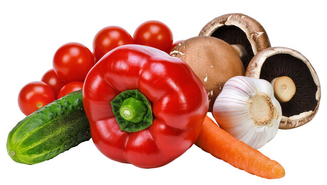 Red bell pepper tomatoes cucumber carrot garlic, and mushrooms