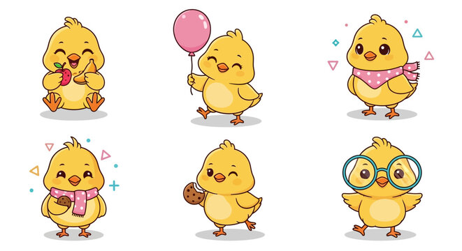 Cute Cartoon Chicks Set with Various Accessories and Food