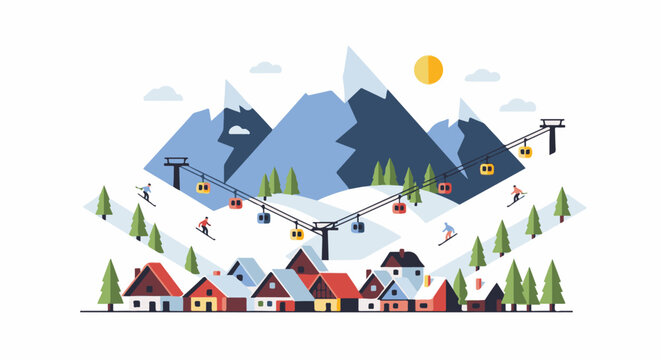 Charming alpine village with ski slopes, gondolas, and skiers