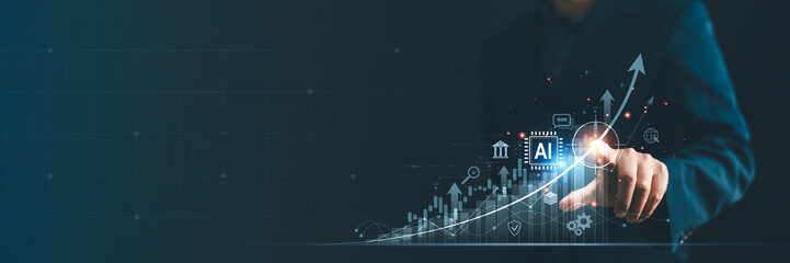Fototapeta premium Business person pointing at glowing AI chip and rising financial growth arrow with icons. Concept of artificial intelligence boosting stock market, digital investment, and corporate data analytics