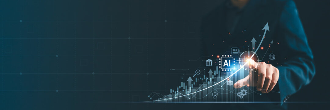Business person pointing at glowing AI chip and rising financial growth arrow with icons. Concept of artificial intelligence boosting stock market, digital investment, and corporate data analytics