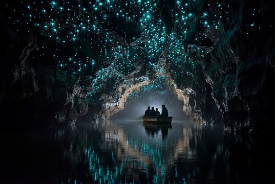 Tourists in Boat Gliding Through Magical Glowworm Cave with Blue Bioluminescent Lights on Ceiling and Reflection in Underground River