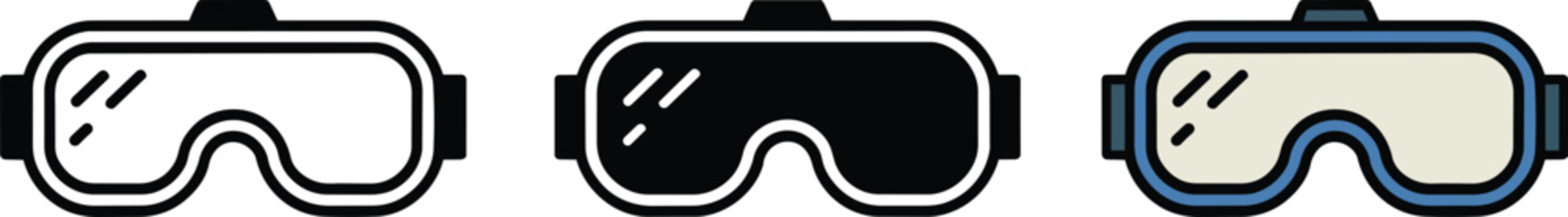 Virtual reality vr goggles in outline, filled black, and colored styles showing futuristic eyewear for immersive digital experiences and augmented