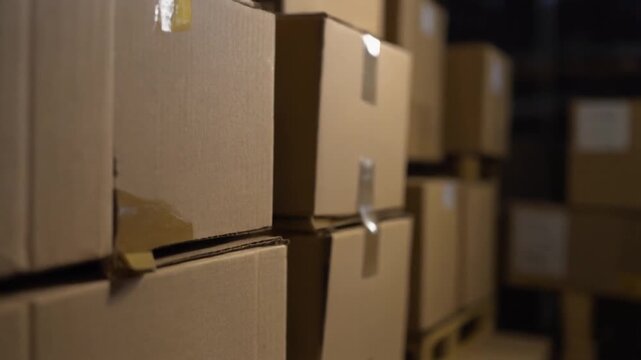 Cardboard shipping boxes stacked high inside a warehouse storage facility during a smooth camera motion clip