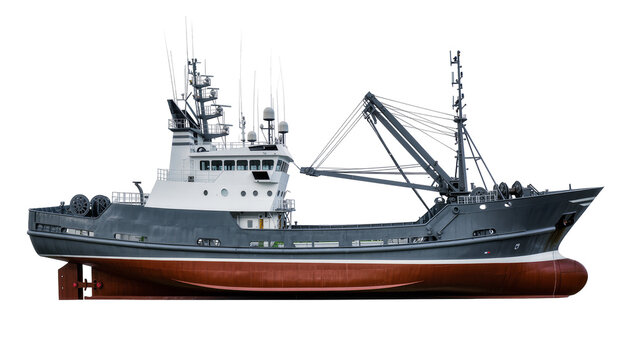 Modern fishing trawler vessel with crane and deck equipment