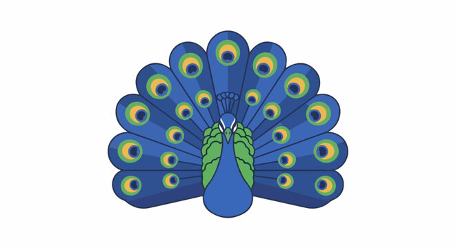 A stylized peacock displays its vibrant, fanned tail feathers in blue and green