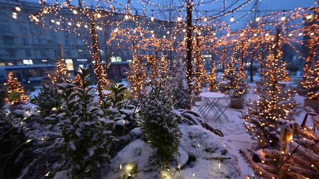 Magical winter street terrace with sparkling christmas trees and golden string lights at twilight.