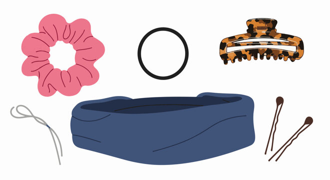 Assorted hair accessories, including a pink scrunchie, blue headband, and hair clips