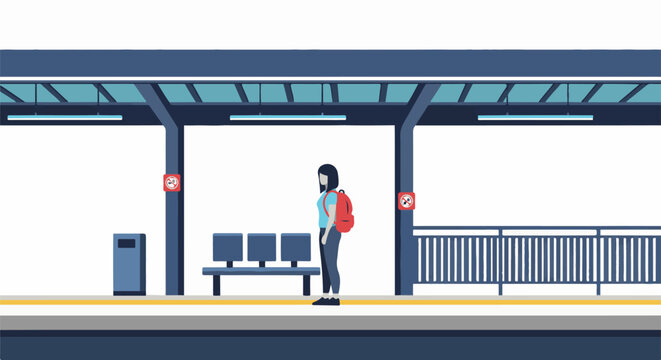 A person with a backpack waits on a modern train platform